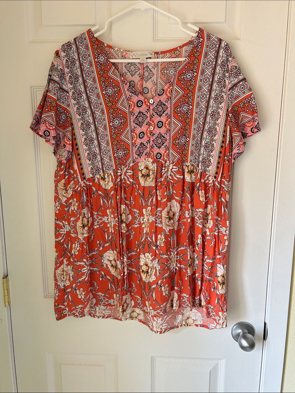 Suzanne Betro Orange Floral Boho Split-Neck Tunic